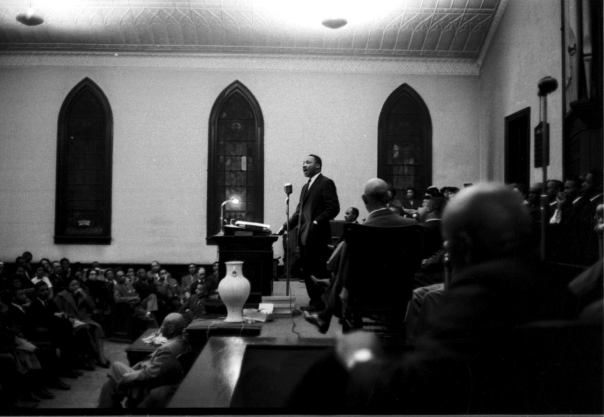 Photo of Reverend Martin Luther King, Jr. speaking at the White Rock Baptist Church